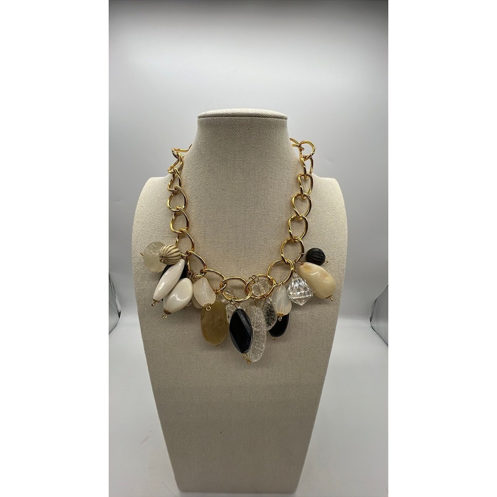 Y2K Chunky Beaded Gold Chain Necklace Maximalist Statement 15.5" Neutral Boho